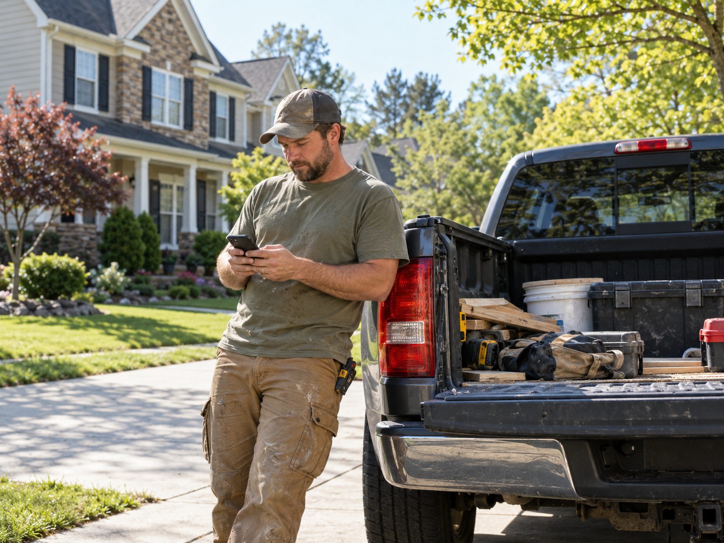 A contractor leaning on his pickup in a client's driveway, replying to a message on his phone