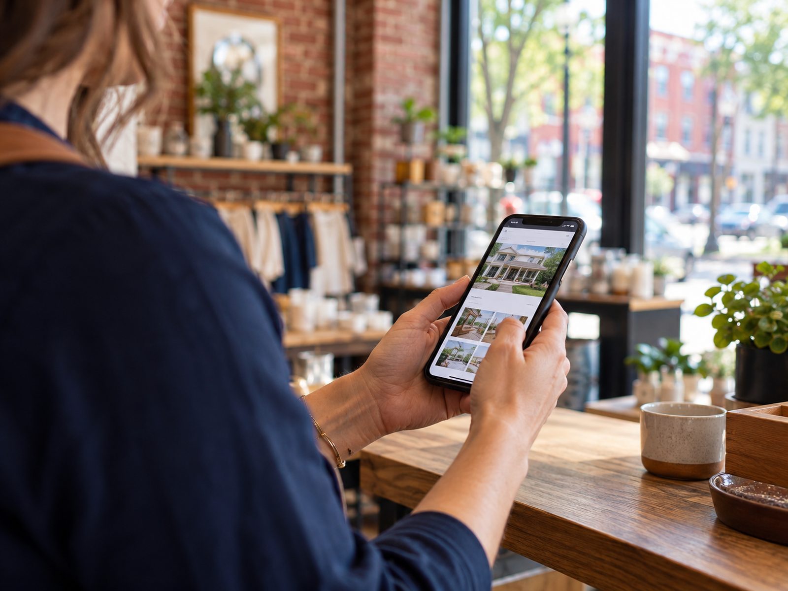 A shop owner in a Richmond storefront looking at her rebuilt website on a phone