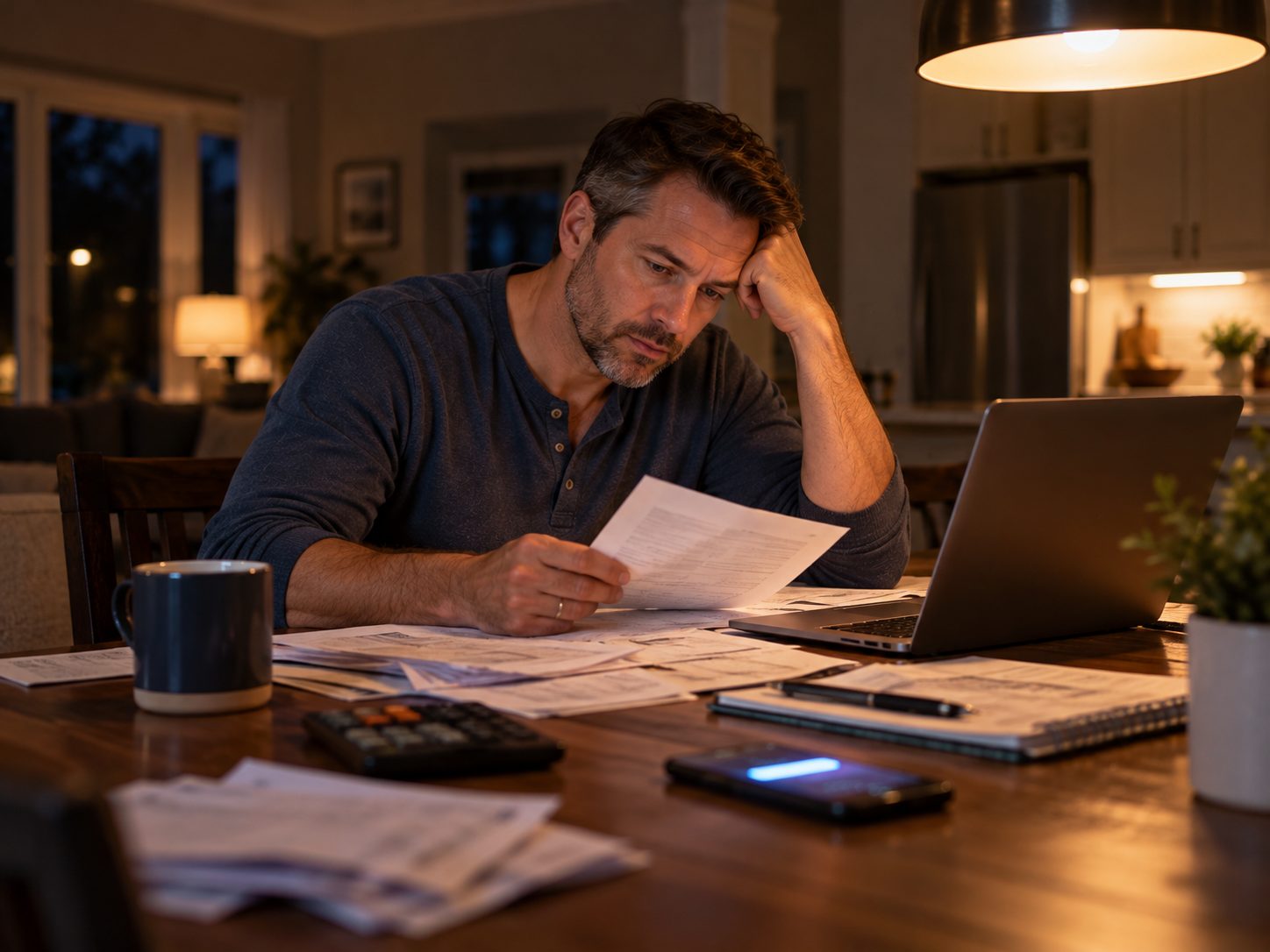 A tired business owner at his kitchen table late at night, surrounded by invoices, a laptop and a calculator