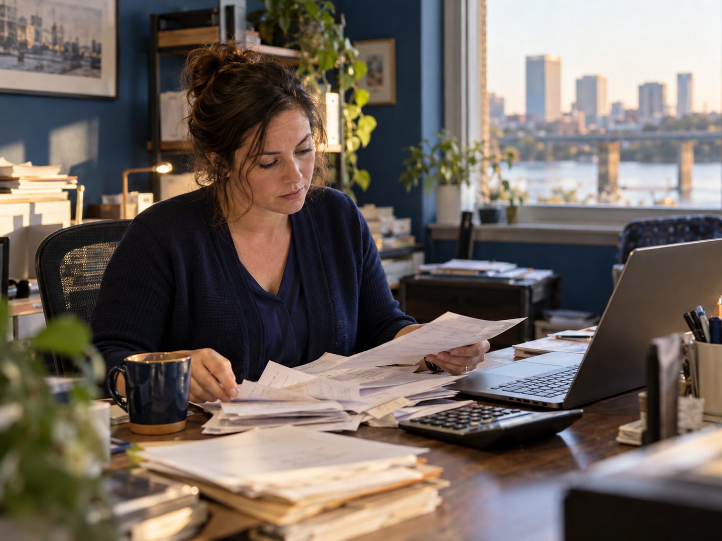 An office manager working through a stack of invoices and receipts beside her laptop