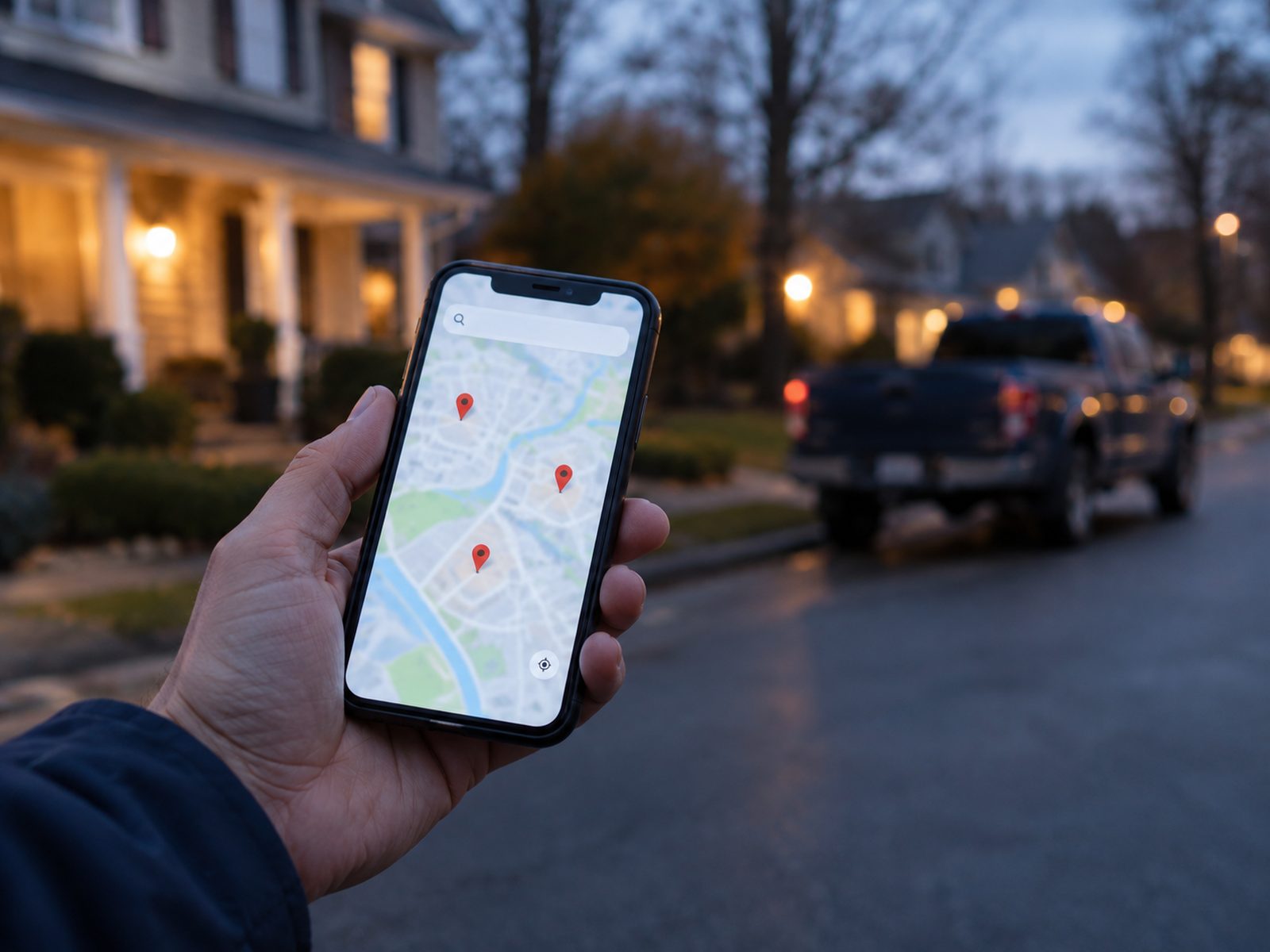 A hand holding a phone showing a local map search on a residential street at dusk
