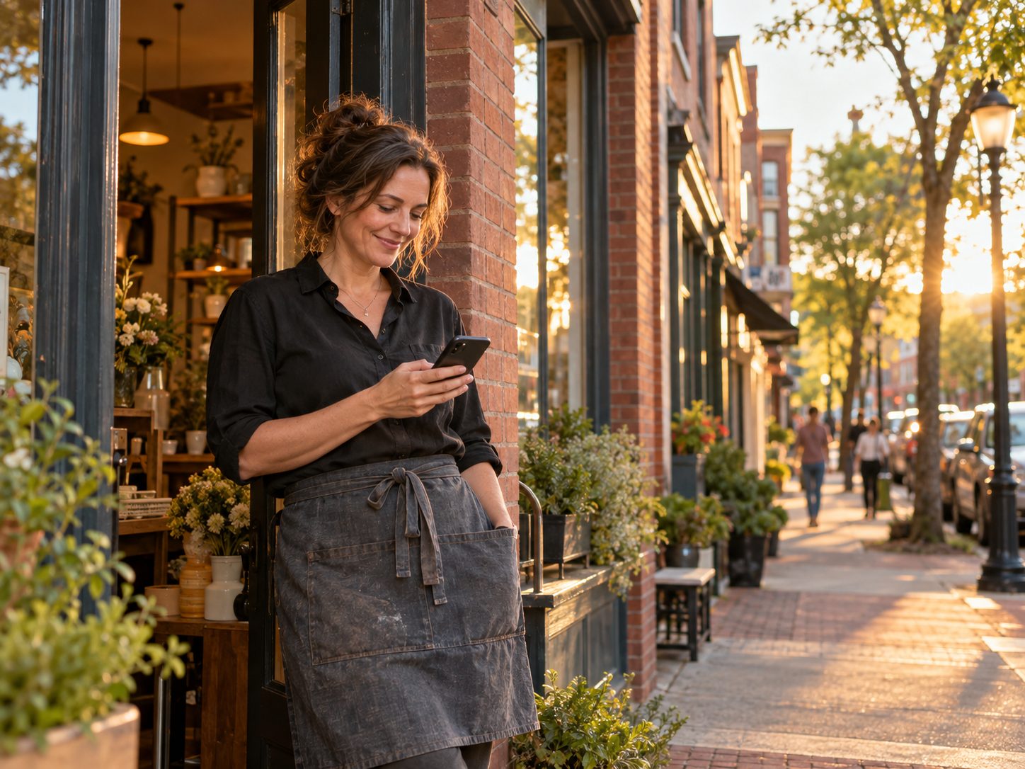 A shop owner leaning in her doorway on a brick street at golden hour, smiling at her phone